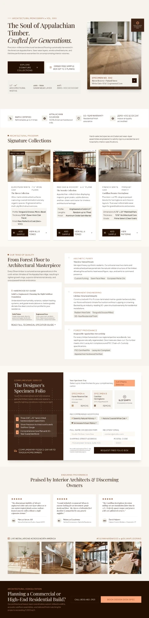 Full homepage design for Silvan Hardwood: editorial hero, signature collections, sample folio, testimonials and installs gallery
